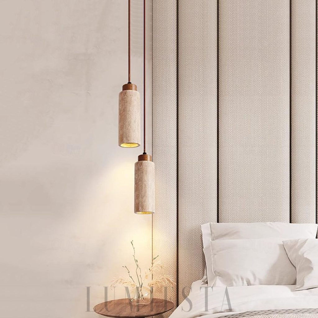 Lampa wisząca z trawertynu - boczny widok klosza z naturalnego kamienia