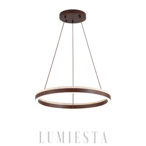 Solaro - Okrągły żyrandol z trawertynu lampa wisząca beżowy okrągła z drewnem nad stół