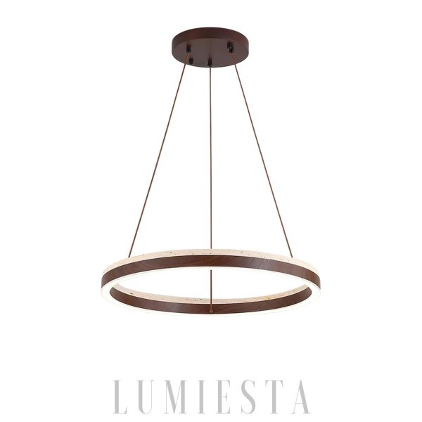 Solaro - Okrągły żyrandol z trawertynu lampa wisząca beżowy okrągła z drewnem nad stół