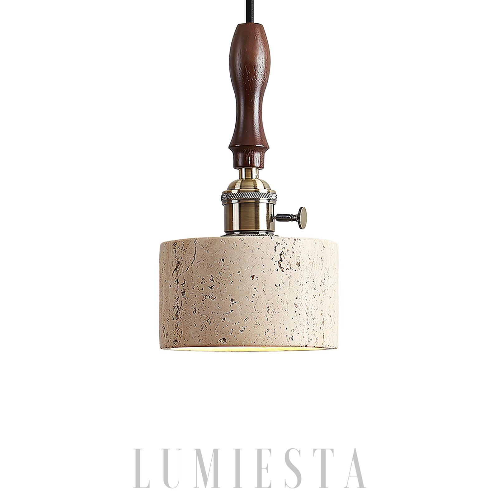 Salmessa - lampa wisząca trawertynowo-drewniana beżowa cylinder