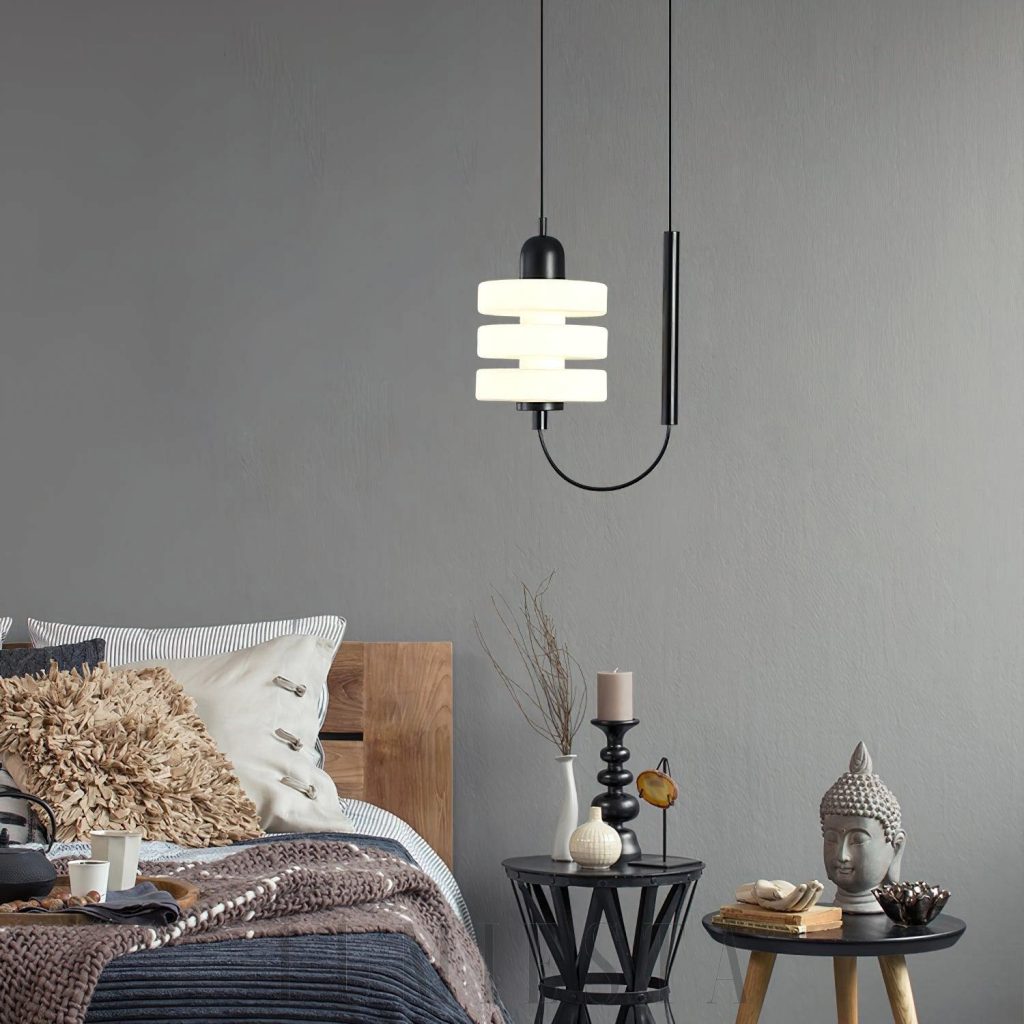 Szklana lampa wisząca czarna biała - pełny widok modelu w japońskim minimalizmie