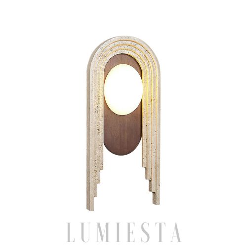 Vima - Beżowa lampa ścienna, trawertyn i drewno, stylowy kinkiet 18x40cm