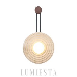 Marrakech - Okrągła lampa ścienna - trawertyn i drewno, Ø 33 cm, jasny/ciemny orzech, kinkiet do salonu