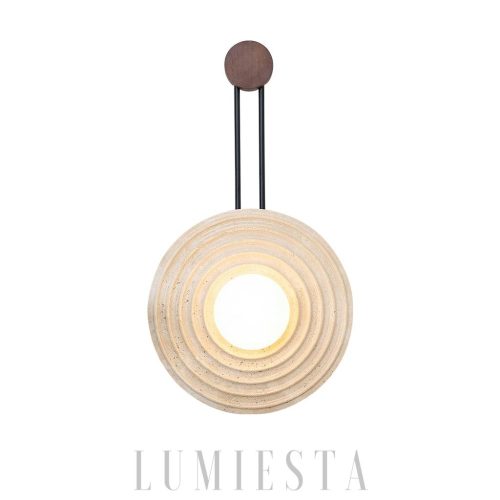 Marrakech - Okrągła lampa ścienna - trawertyn i drewno, Ø 33 cm, jasny/ciemny orzech, kinkiet do salonu