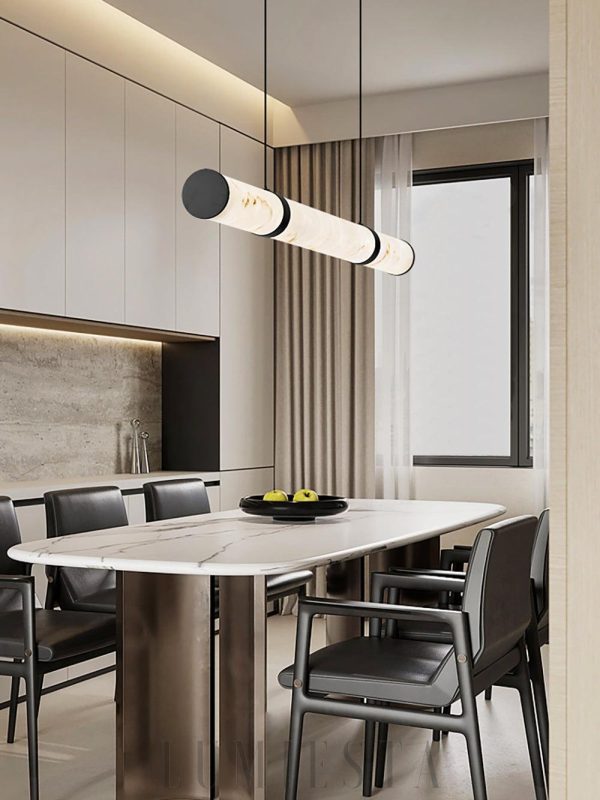 Lampa wisząca podłużna z alabastru, nowoczesna, biało złota 100/120/150 cm - Żyrandol nad stół