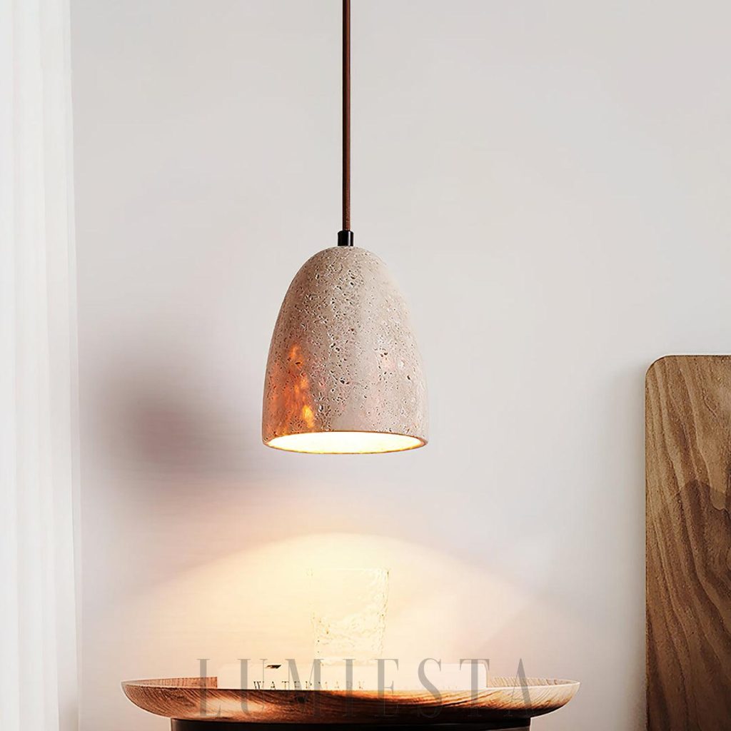 Grace - beżowa lampa wisząca z trawertynu, profil klosza i zawieszenia