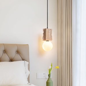 Stylowa lampa wisząca travertyn surowy blok 12x28cm beżowa