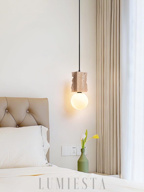 Stylowa lampa wisząca travertyn surowy blok 12x28cm beżowa