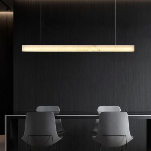 Liner - Nowoczesna podłużna lampa wisząca alabastrowa 100/120 cm, złoto-biała, żyrandol nad stół