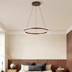 Solaro - Okrągły żyrandol z trawertynu lampa wisząca beżowy okrągła z drewnem nad stół