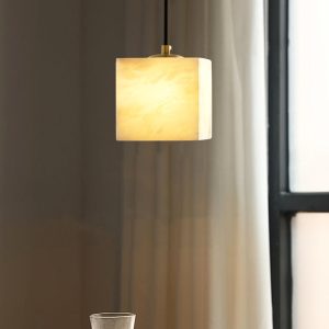 Lampa wisząca kwadratowa z alabastru biało-złota 12cm