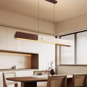 Lampa podłużna z trawertynu i drewna, 120cm, beżowy orzechowy do jadalni