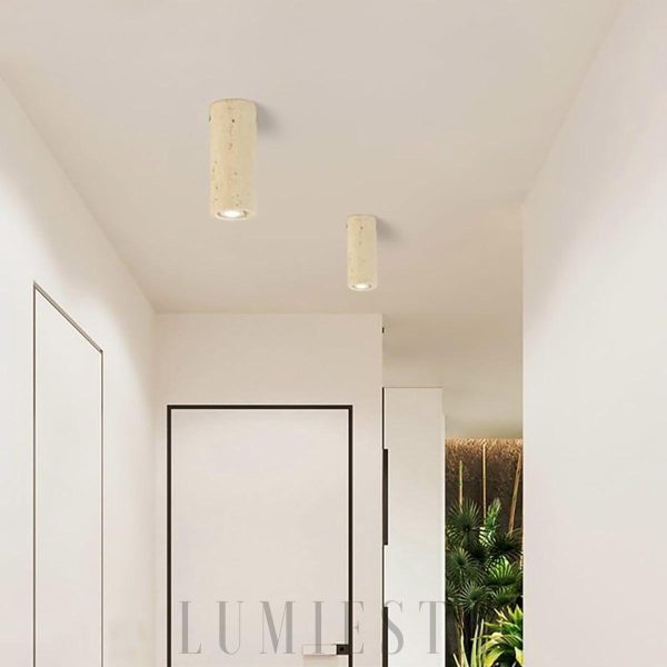Punna - Cylindryczna lampa sufitowa Wabi Sabi, naturalny trawertyn beżowy, Ø6.5cm