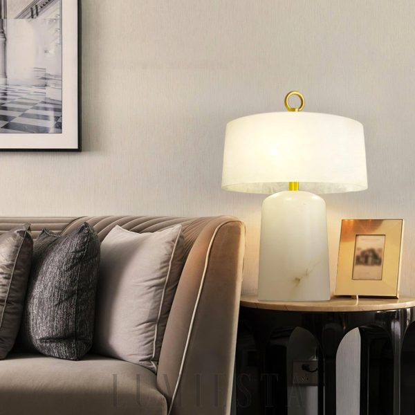 Luksusowa lampa stołowa alabastrowa walec 30x42cm mosiądz