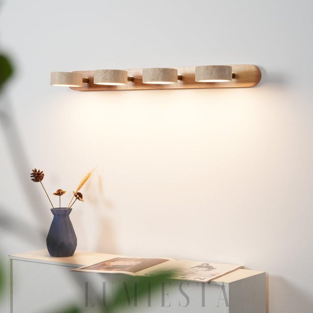 Duo - lampa ścienna z drewna, kamienia i metalu, okrągły profil na ścianie