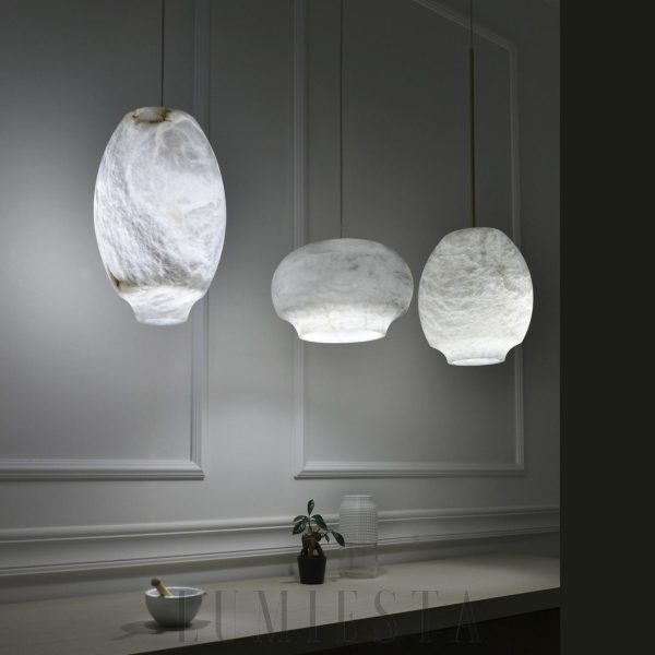 Camille - lampa wisząca alabaster, detal biało-szarego klosza i metalowego zawieszenia