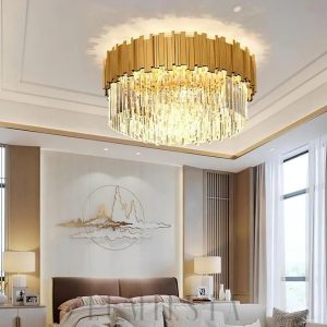 Lampa sufitowa Bourbons z kryształami złota i chromu 81 cm - zbliżenie szklanych kryształów