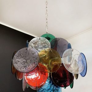 Żyrandol z kolorowymi dyskami szklanymi Murano vintage 49 cm - detal zawieszenia