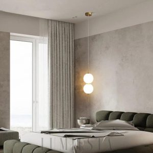 Nowoczesna lampa wisząca z podwójnym okrągłym kloszem - złote wykończenie i szklane kule