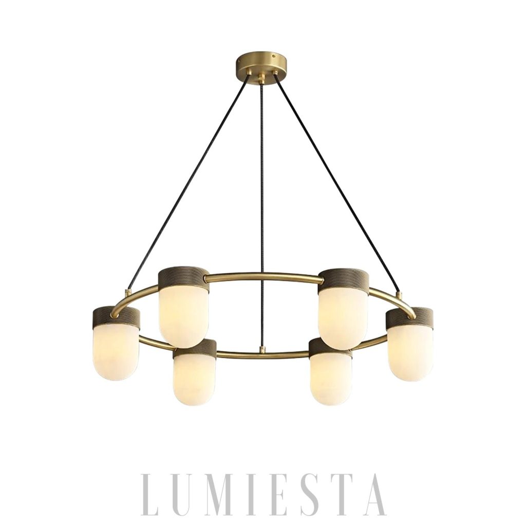 Lampa wisząca alabastrowa okrągła Orian - widok centralnej formy i metalowego mocowania