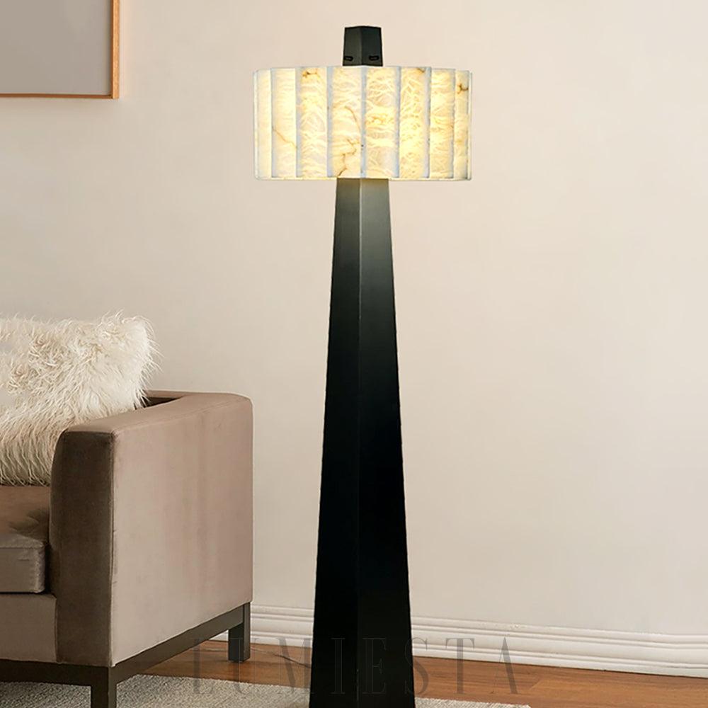 Lampa podłogowa alabastrowa Grandeur 50 cm z okrągłą podstawą i smukłym, stalowym trzonem