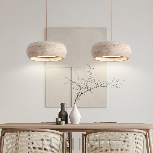 Okrągła lampa wisząca bębnowa z trawertynu 55cm beżowa LED