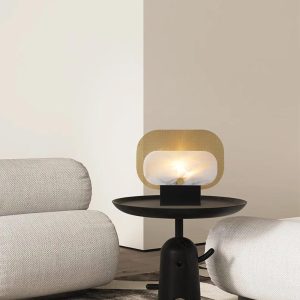 Altai - Alabastrowa lampa stołowa — czarno-biała z złotem