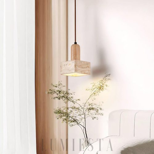 Travertine Talla - drewniana oprawa i kamienny klosz w ciepłym świetle