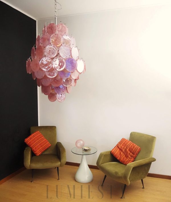 Lampa wisząca Vintage Murano Różowy Dysk 75cm - detal metalowej konstrukcji i szklanego klosza