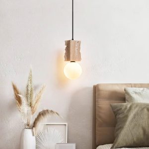 Stylowa lampa wisząca travertyn surowy blok 12x28cm beżowa