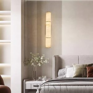 Lampa ścienna cylindryczna alabastrowa, biała, złota - Kinkiet długość 26/40/58cm