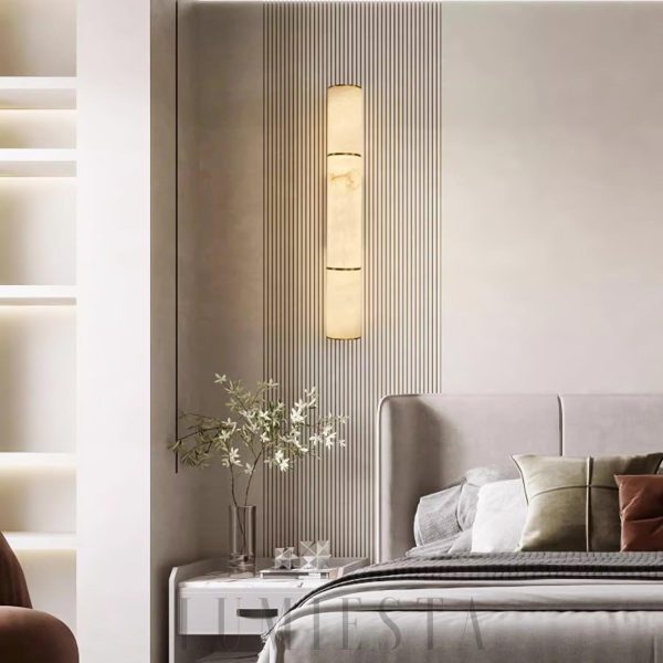 Lampa ścienna cylindryczna alabastrowa, biała, złota - Kinkiet długość 26/40/58cm