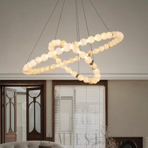 Lupria - okrągła lampa wisząca z alabastru, białe kule, złota rama, Ø 50/60/80/100cm, wielopoziomowa