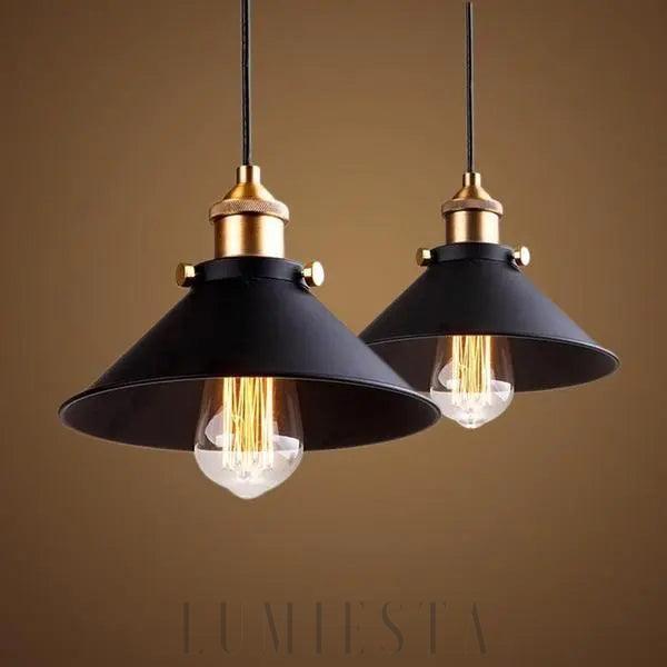 Czarno złota lampa wisząca industrialna z metalowym zawieszeniem i smukłym kloszem