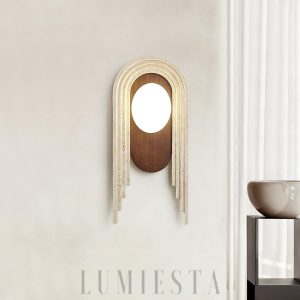 Vima - Beżowa lampa ścienna, trawertyn i drewno, stylowy kinkiet 18x40cm