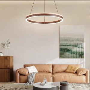 Solaro - Okrągły żyrandol z trawertynu lampa wisząca beżowy okrągła z drewnem nad stół