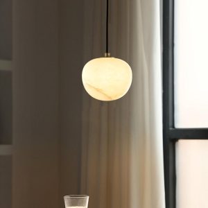Kuntar - Okrągła lampa wisząca z alabastru biała/złota 15 cm