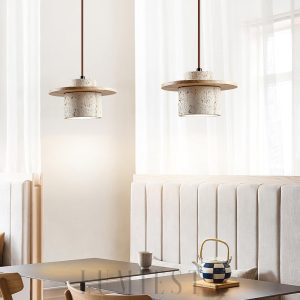 Elegancka lampa wisząca Stonova Duo z travertynu i drewna