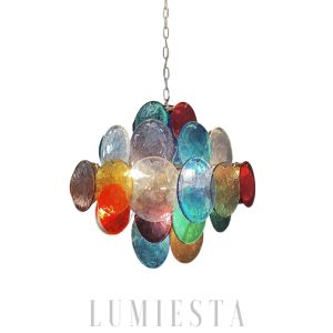 Lampa wisząca Murano kolorowe dyski — żyrandol vintage ze szkła w odcieniach czerwieni, zieleni, błękitu i bursztynu