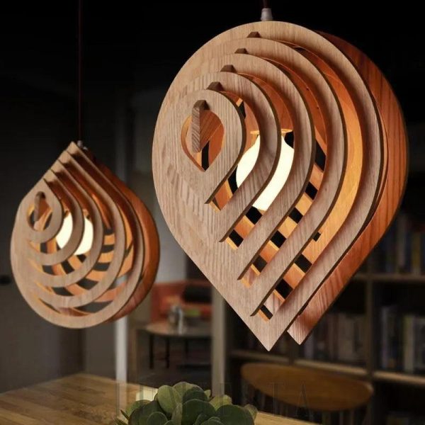 Stylish wooden droplet-shaped pendant lamp