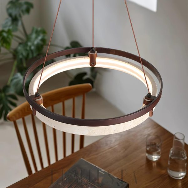 Orbit - Elegancki okrągły żyrandol z naturalnego trawertynu i metalu, Ø43/53/63cm, LED