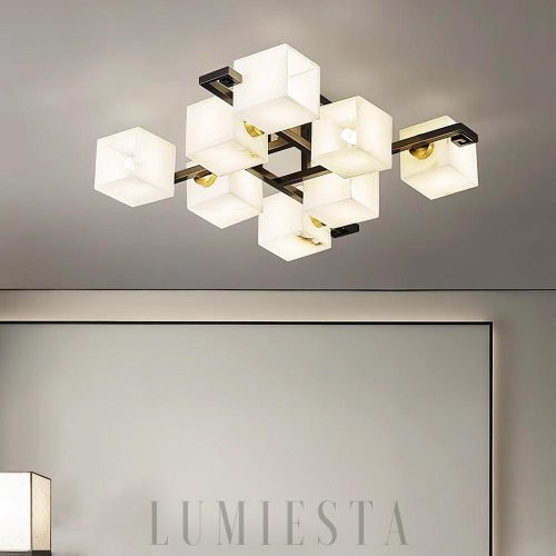 Vega - kubistyczna lampa sufitowa z alabastru i metalu, czarno-biała bryła