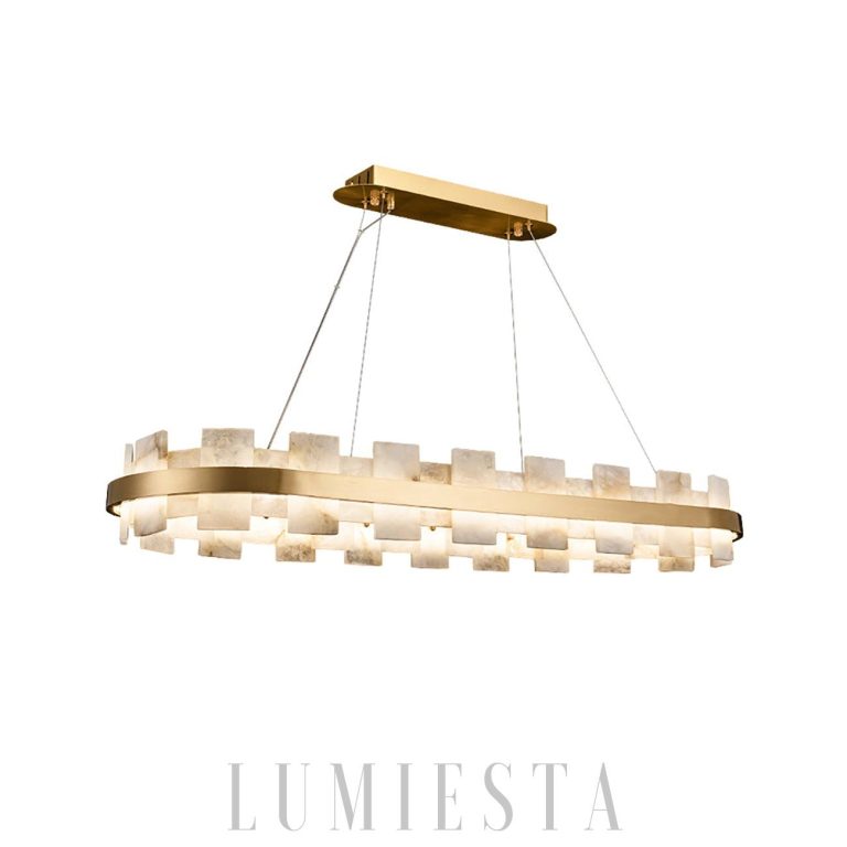 Owalna lampa wiszaca z alabastru zlota Anela - widok z przodu