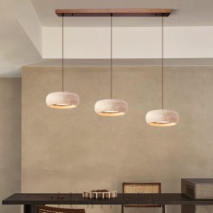 Okrągła lampa wisząca bębnowa z trawertynu 55cm beżowa LED