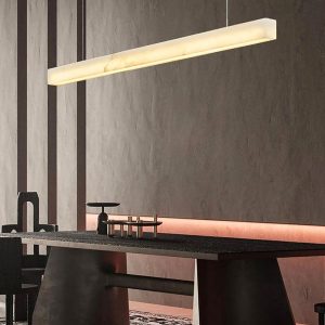 Liner - Nowoczesna podłużna lampa wisząca alabastrowa 100/120 cm, złoto-biała, żyrandol nad stół