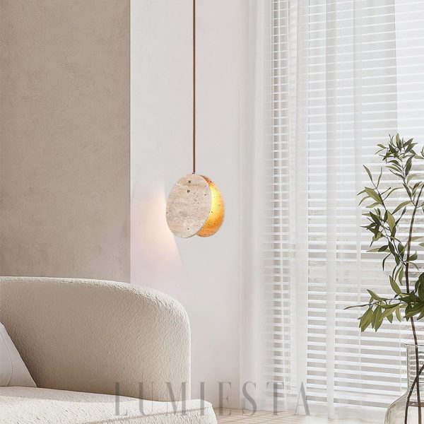 Elegancka okrągła lampa wisząca z trawertynu beżowa 20cm
