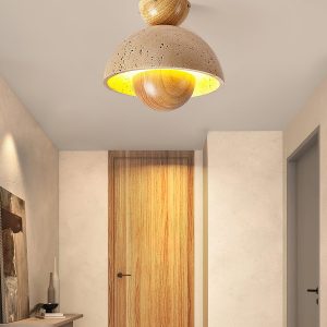 Beżowo orzechowa lampa sufitowa 23 cm, plafon z trawertynu, drewna i metalu