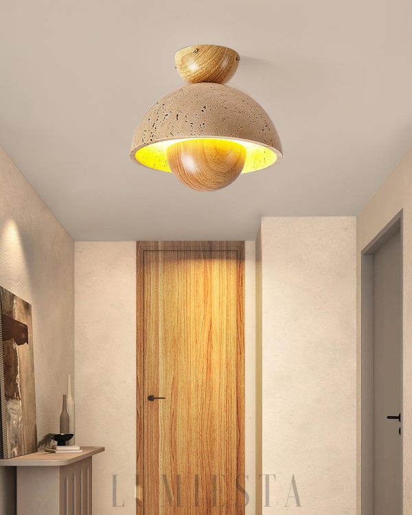 Beżowo orzechowa lampa sufitowa 23 cm, plafon z trawertynu, drewna i metalu