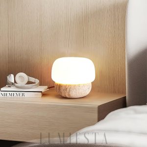 Doudou - Beżowa okrągła lampa stołowa z trawertynu