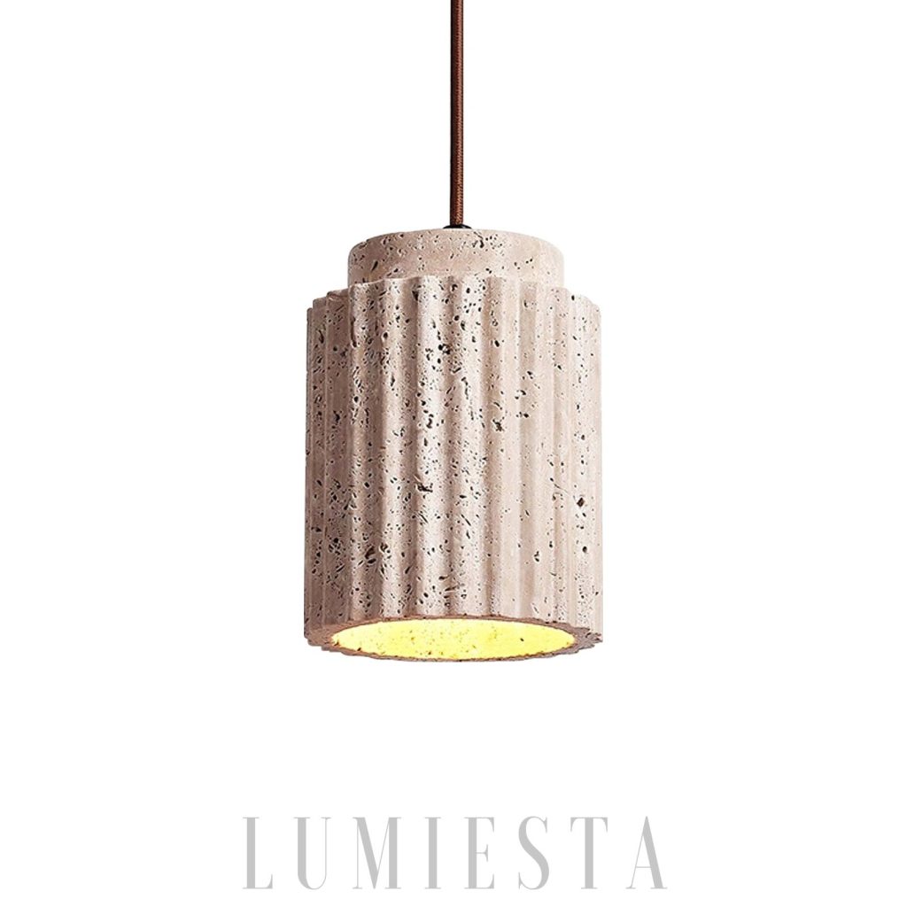 Beżowa lampa wisząca z trawertynu, żłobkowany walec 12 cm x 16 cm